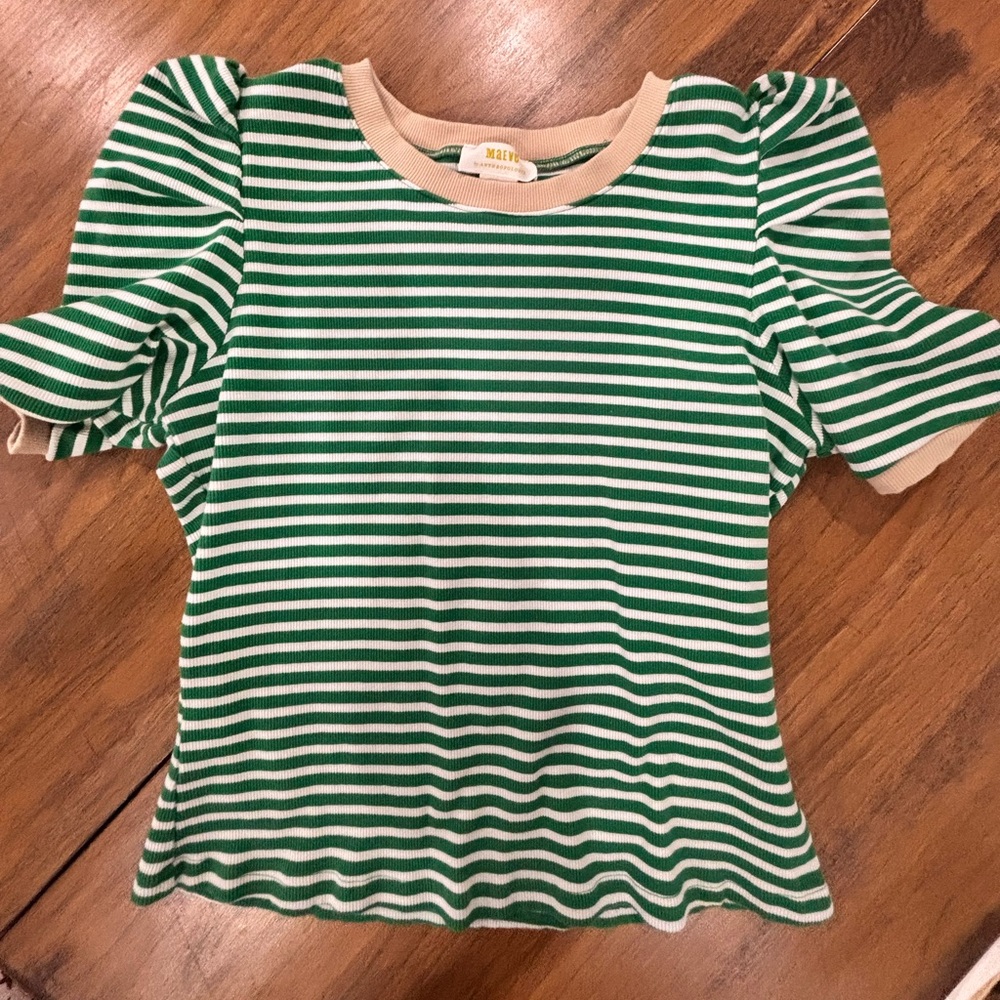 Maeve by Anthropology Green and Cream Striped Puff Sleeve Top
